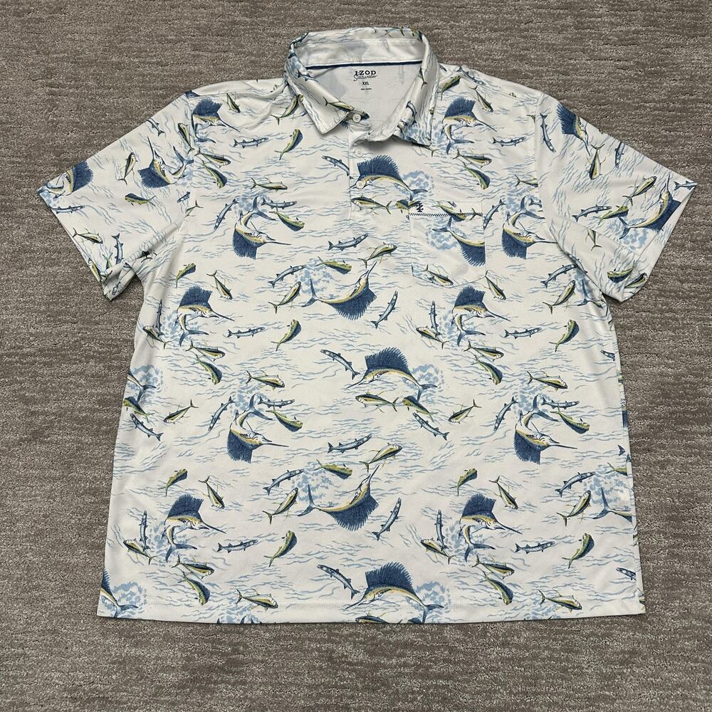 IZOD Saltwater Polo Shirt Mens 2XL White Marlin Fish Ocean Beach Casual Golf